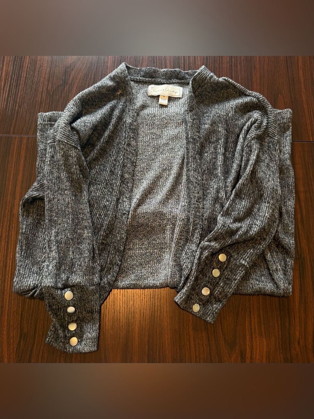 MEDIUM Long Open-Front Gray Women's Cardigan Sweater with Pocket Detail
